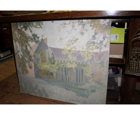 M R Dunwell, 'West Front, The Abbey, Sutton Courtenay', signed and dated 83, inscirbed verso, oil on canvas, 71.5 x 86cm, unf