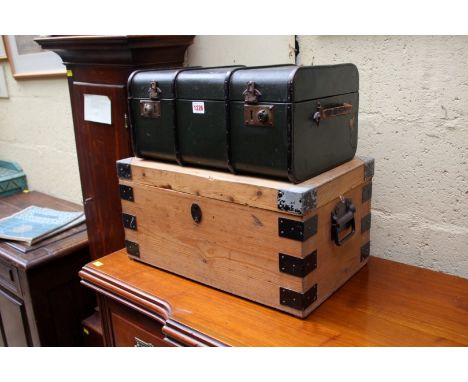 An unsual miniature canvas and wood bound trunk, 44cm wide; together with another pine casket, 50.5cm wide..