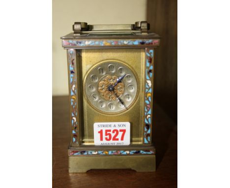 An old brass and champleve enamel carriage timepiece, height including handle 15.5cm. 