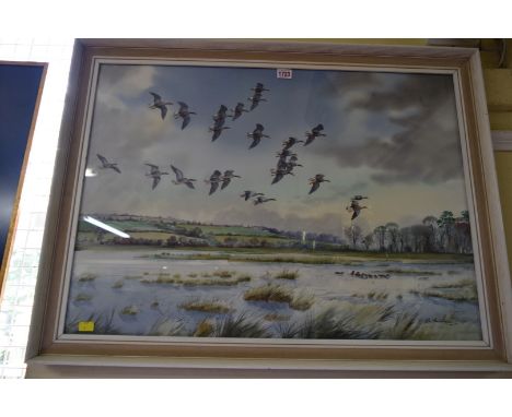 R W Milliken, 'Pink Legged Geese in Flight', signed, watercolour and body colour, 54.5 x 75cm.    Condition Report:  Framed a