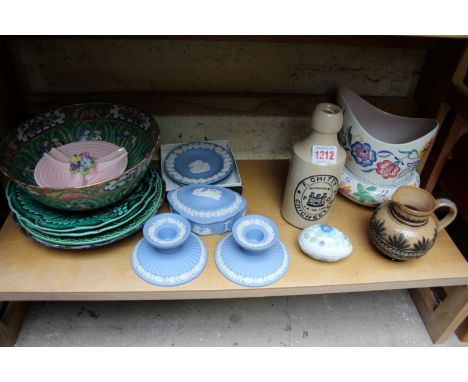 A mixed group of pottery and porcelain, to include Poole Pottery; Wedgwood pale blue Jasperwear: and a Chitty stoneware bottl