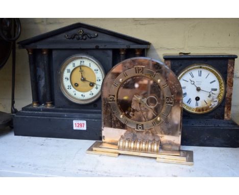 Two slate mantel clocks; together with another mantel timepiece. 