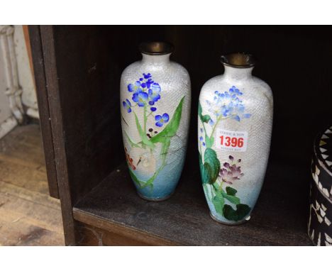 A pair of Japanese cloisonne enamel vases, 18cm high, (both a.f.)