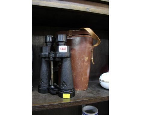 A pair of military World War II period Barr & Stroud 7x binoculars, with broad arrow marks and leather case. 