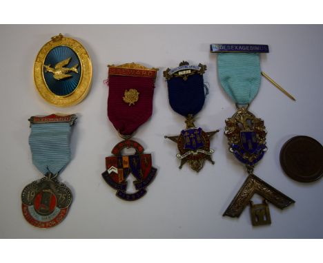 A small quantity of Masonic medals, to include two silver and enamel examples. 