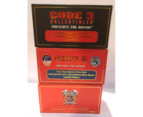 Code 3 Collectibles, a boxed Group of 1:64 Scale Fire Engines. Includes 12567 F.D.N.Y. Engine 40 Seagrave Marauder II with ot