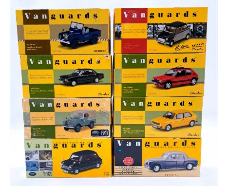 Vanguards, a boxed 1:43 Scale group which includes VA19004 Rover P4 "Blue/Grey Rover P4", VA01306 Black Austin 7 Mini and sim