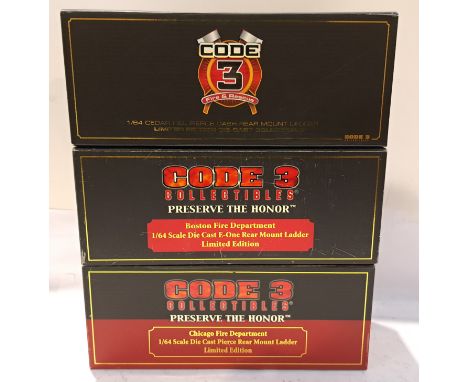 Code 3 Collectibles, a boxed Group of 1:64 Scale Fire Service Vehicles. Includes Cedar Hill Pierce Dash Rear Mount Ladder Eng
