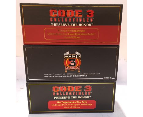 Code 3 Collectibles, a boxed Group of 1:64 Scale Fire Engines. Includes 12919 Chicago Fire Department Pierce Rear Mounted Lad