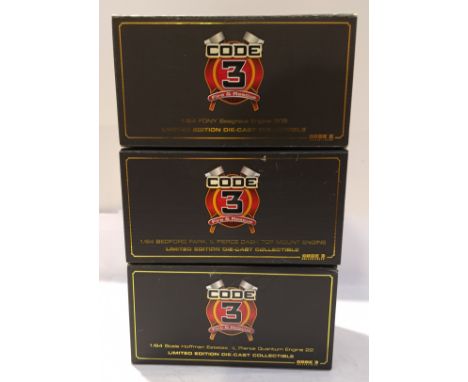 Code 3 Collectibles, a boxed Group of 1:64 Scale Fire Engines. Includes 12837 F.D.N.Y. Seagrave Engine 305 with others. Altho