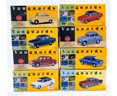 Vanguards, a boxed 1:43 Scale group which includes VA04100 Ford Cortina MK II GT "Ermine White/Black", VA06403 Vauxhall PA Cr
