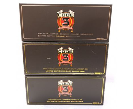 Code 3 Collectibles, a boxed Group of 1:64 Scale Fire Engines. Includes 13059 F.D.N.Y. Ladder 46 Seagrave Marauder II Aerials