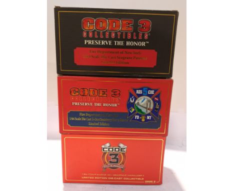 Code 3 Collectibles, a boxed Group of 1:64 Scale Fire Engines. Includes 12834 F.D.N.Y. Seagrave Pumper with others. Although 