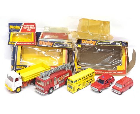 Dinky Toys, 432, 285, 295, 195 &amp; 410, a boxed Commercial, Bus &amp; Emergency Vehicle group. &nbsp;Consisting of Foden Ti