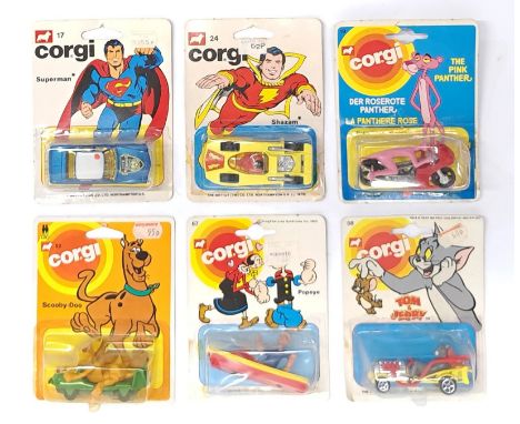 Corgi Juniors, Superman, Shazam, The Pink Panther, Scooby Doo, Popeye &amp; Tom &amp; Jerry, a blister carded Comic &amp; Car