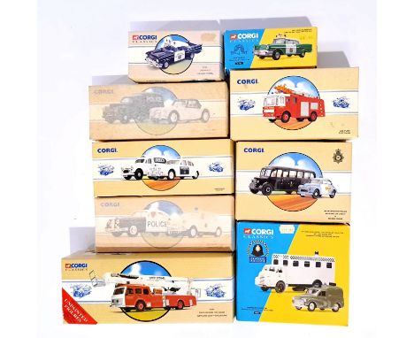 Corgi Classics, a boxed Police and Fire group, which includes 51301 Chevrolet Sheriff's Car "San Diego", 97399 Fire Engine "S