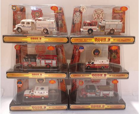 Code 3 Collectibles, a boxed 1:64 Scale Group of Emergency Service Vehicles. Includes 12880 Cedar Hill Fire Department Fire E