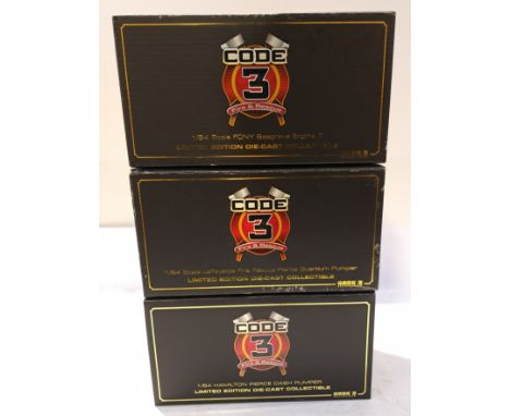 Code 3 Collectibles, a boxed Group of 1:64 Scale Fire Engines. Includes 12839 F.D.N.Y. Seagrave Engine 7 with others. Althoug