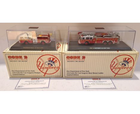 Code 3 Collectibles, a boxed Pair of 1:64 Scale The Yankees Branded F.D.N.Y. Fire Engines. Includes 12851 Seagrave Rear Mount