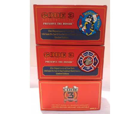Code 3 Collectibles, a boxed Group of 1:64 Scale Fire Engines. Includes 12692 F.D.N.Y. E-One Saulsbury Heavy Rescue with othe