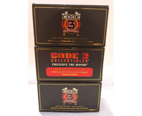 Code 3 Collectibles, a boxed Group of 1:64 Scale Fire Engines. Includes 12841 F.D.N.Y. Seagrave Engine 53 with others. Althou
