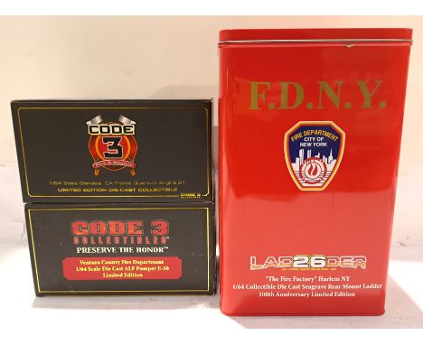 Code 3 Collectibles, a boxed Group of 1:64 Scale Fire Engines. Includes 12855 100th Anniversary The Fire Factory Harlem NY Se