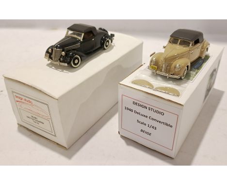 Design Studio, a boxed 1:43 Scale Pair of Ford Vehicles. Includes 1940 Ford Deluxe Convertible (Beige) &amp; DS-09U 1940 Ford