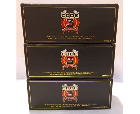 Code 3 Collectibles, a boxed Group of 1:64 Scale Fire Engines. Includes 12740 F.D.N.Y. Seagrave Rear Mount Ladder 43 with oth