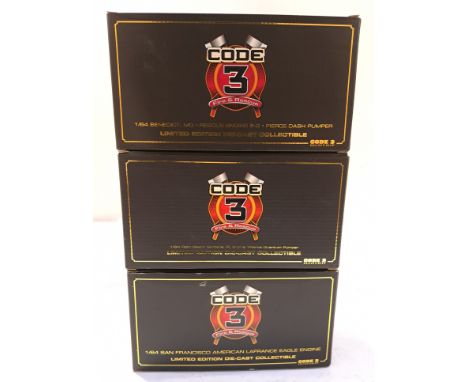 Code 3 Collectibles, a boxed Group of 1:64 Scale Fire Engines. Includes 13043 Benedict MD Rescue Engine 5-2 Pierce Dash Pumpe