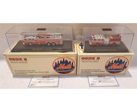 Code 3 Collectibles, a boxed Pair of 1:64 Scale The Mets Branded F.D.N.Y. Fire Engines. Includes 12832 Seagrave Pumper E-273 