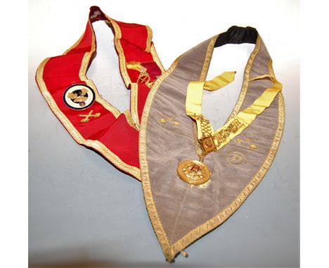A mid-20th century brown leather Masonic case, containing sash and regalia