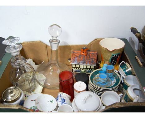 A single box of various glass and china wares to include cranberry glass jug, decanters, Crown Devon Art Deco jug, etc