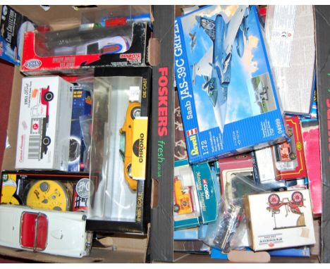 Two boxes of various cased and loose diecast and other toys to include a Revell Grippin plastic model kit 1:18 scale diecast 