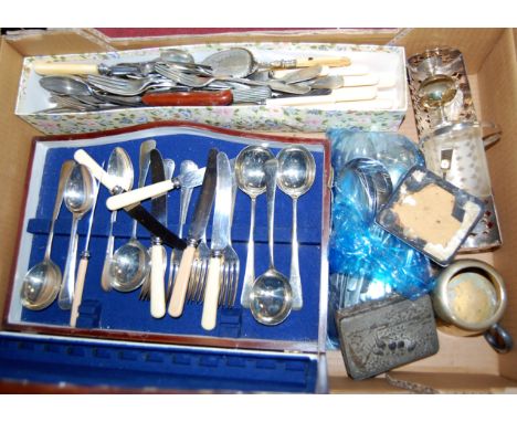 Two boxes of miscellaneous silver plated wares, to include piecrust tray, cased and loose flatware etc