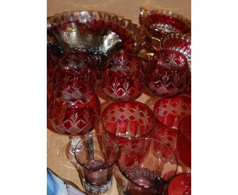 A box of miscellaneous glassware, to include ruby overlaid glass goblets, amethyst carnival glass dish, studio glass bowl etc