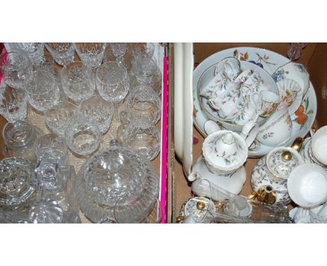 Two boxes of miscellaneous china and glassware, to include large Mason's plate in the Fruit Basket pattern, decanters and sto