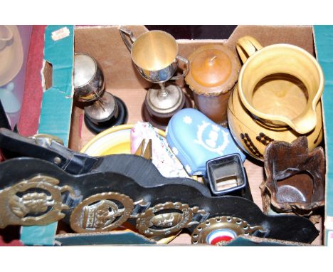 A single box of various china and sundries to include Wedgwood jasper ware, silver plated trophy cups, horse brasses etc