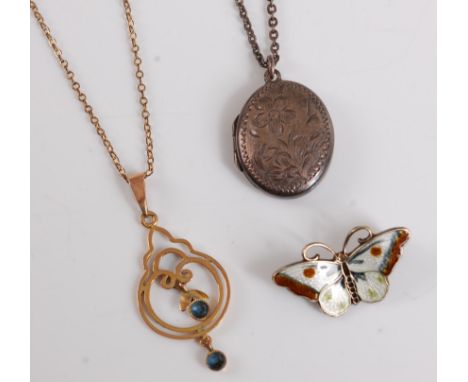 An Edwardian style 9ct sapphire pendant on gold plated chain, together with a silver oval locket and chain and a silver and e