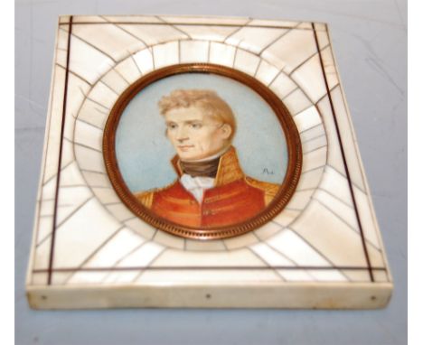 English school - Head and shoulders portrait miniature of a gentleman, watercolour on ivory, framed as an oval, 8.5 x 6cm