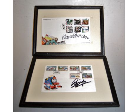 A framed Thomas the Tank Engine first day cover bearing the signature for Ringo (Starr), together with a framed Beatles first