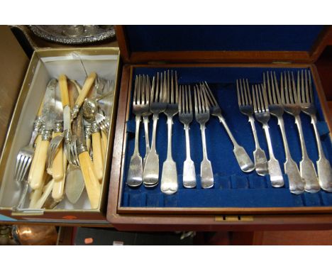 A 1920s mahogany cutlery canteen, containing three trays of mixed loose silver plated flatware; together with one other box o
