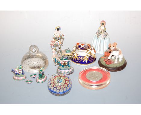 Mixed lot to include glass paperweights, Royal Crown Derby frog, desk weight, Indian enamel elephant etc