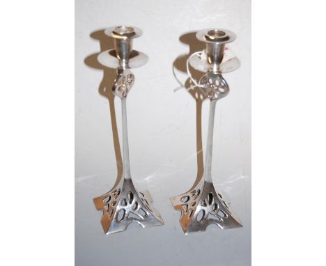 A pair of Art Nouveau style silver plated candlesticks, 30cm