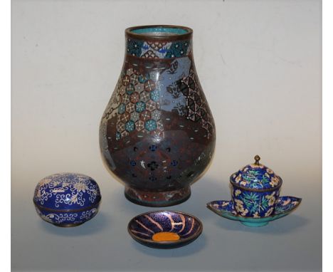 A large Japanese Meiji period cloisonné enamelled vase, h.30cm; together with a cloisonné enamelled trinket jar and cover; an