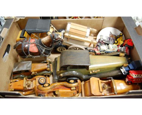 Various wooden scale models, loose diecast vehicles, model horse &amp; cart etc