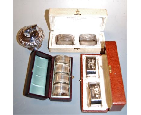 A box of miscellaneous items, to include a boxed Ronson silver plated table lighter, a boxed set of four Edwardian silver pla