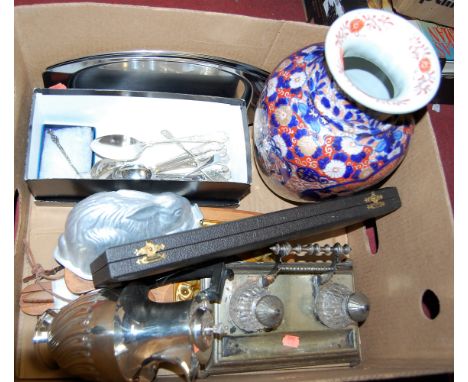 A Victorian silver plated desk stand, a modern three-piece carving set, loose flatware, and a jelly mould etc