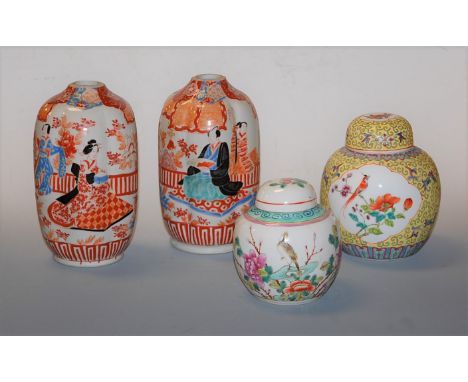 A pair of Japanese Meiji period vases, each of hexagonal melon form, decorated with figures amongst flowers, having six chara