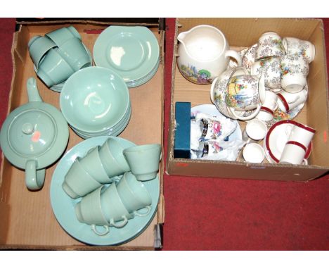 Two boxes of miscellaneous china, to include a Woodsware Beryl pattern tea and dinner service; boxed Royal Worcester egg codd