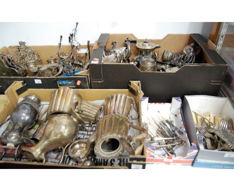 Five boxes of various silver plated wares to include flatware, coffee and tea pots, toast racks, candelabra etc